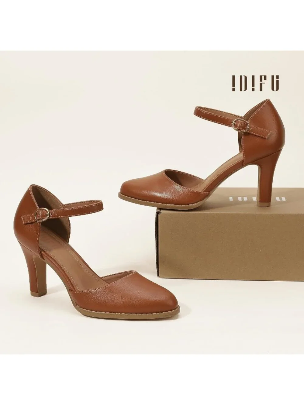 Women's Brown Pu Closed Toe Chunky High Heel Comfortable Party Dress Pumps Shoes